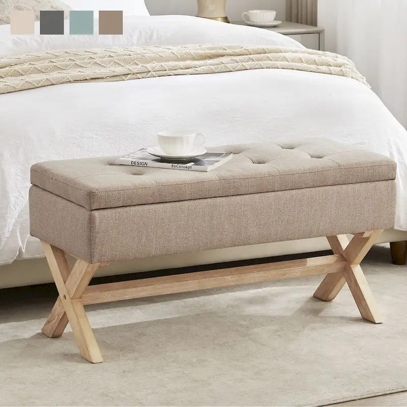 Upholstered Storage Bench with X-Shaped Legs, 36 Inch