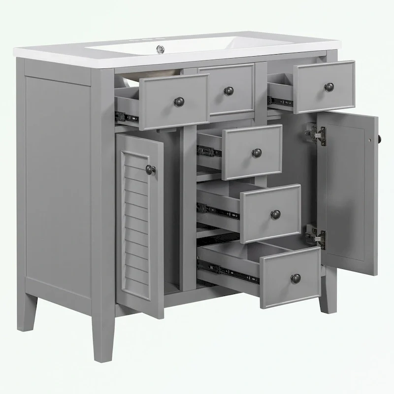 Bathroom Vanity with Ceramic Basin, Two Cabinets and Five Drawers