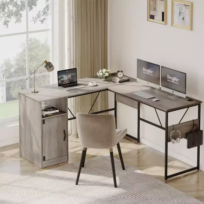 Bestier Reversible 60 L Shaped Corner Computer Desk with Removeable Hooks, 95 Long Table Desk with Storage Cubby & Cabinet for Home Office