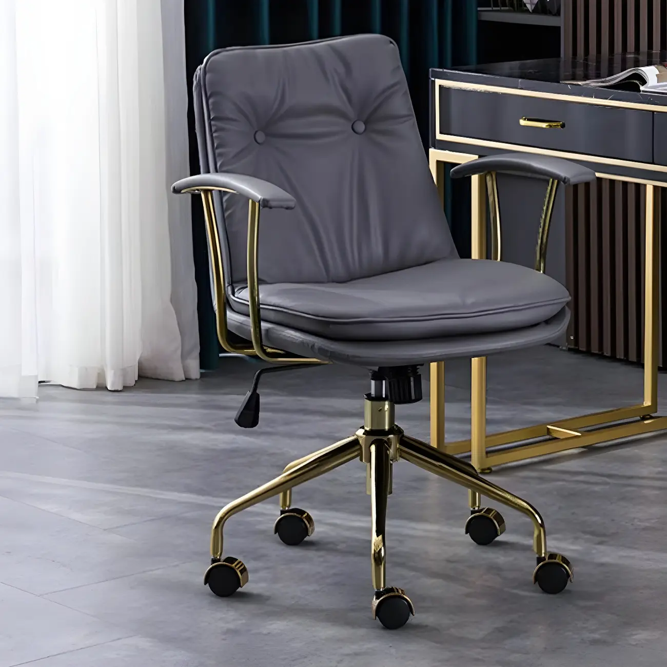 Gold Base Tufted Leather Adjustable Office Chair