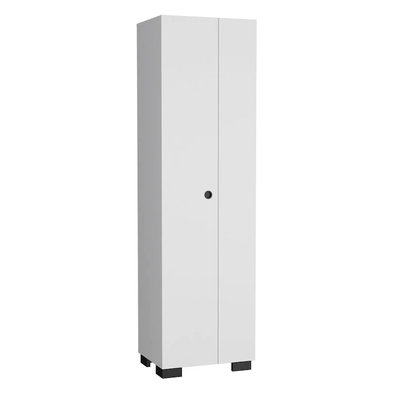 Slim Broom Cabinet with Inner Shelves & Side Broom Hangers — White