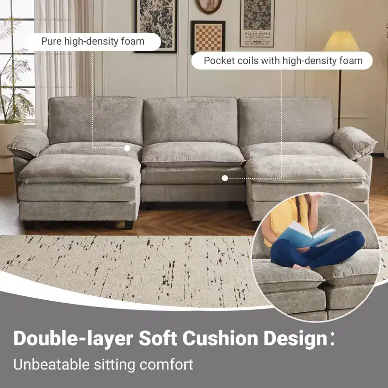 Karl Home |120 in. W Pillow Top Arm Double-layer Cushion Chenille Sofa in Blue With Ottoman