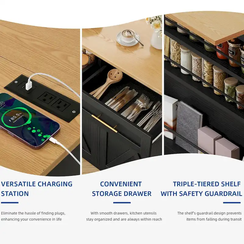 Moasis Kitchen Island Drop Leaf Double Tilt Out Trash Cabinet with Power Outlet & Wheels