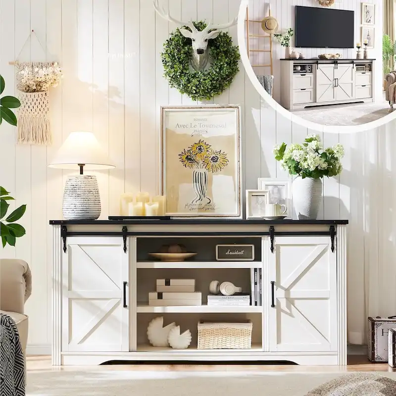 32 Tall Farmhouse TV Stand for 80 TV, Wood Entertainment Center