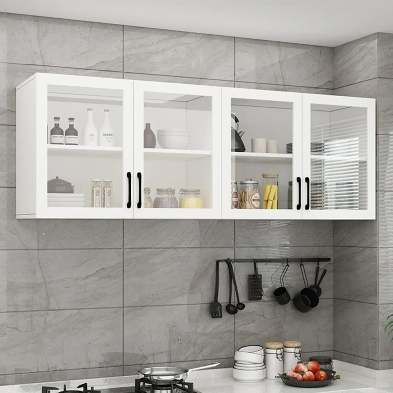 Kitchen Floating White Wood Glass Enclosed Display Cabinet