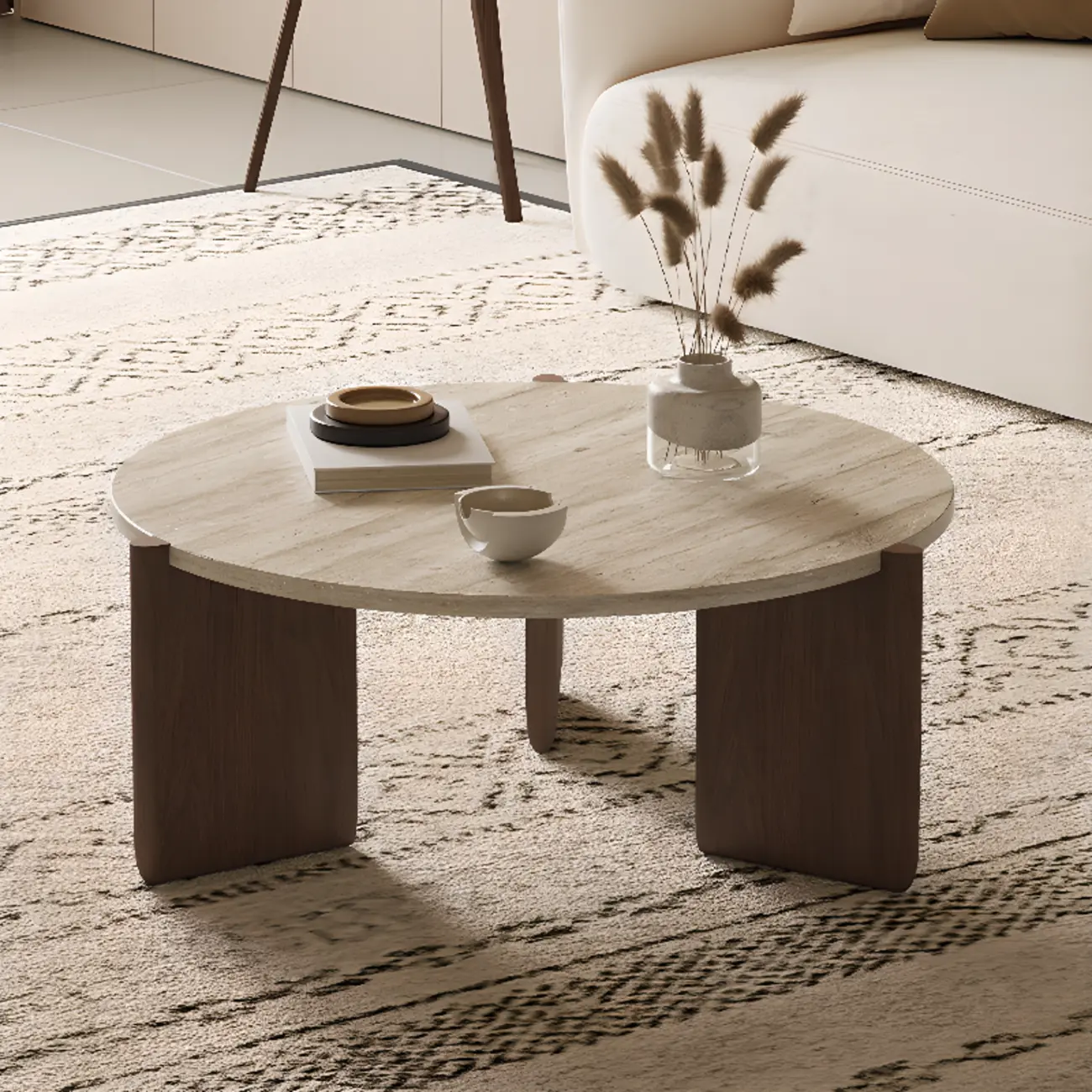 Modern Beige Travertine Top Coffee Table in Hexagon/Round