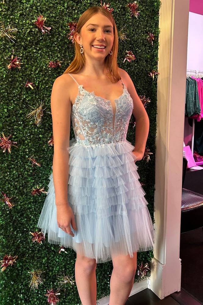 Straps Sky Blue Corset A-Line Ruffle Homecoming Dress
