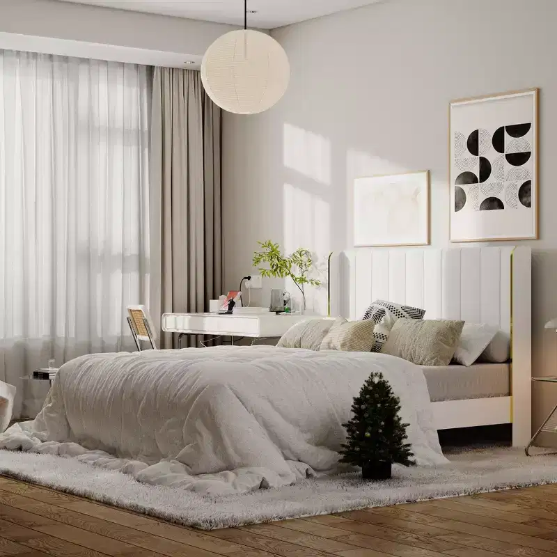 Famapy White Queen - Sized Sleek Mnimalist Bed Frame: Padded Backrest, Robust Structure, Golden Hued Luxury Legs, Constructing
