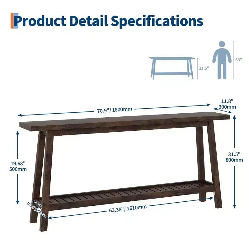 Extra Long 70.9 2-Tier Wooden Console Table - Narrow Rustic Farmhouse Sofa Table Behind Couch for Hallway, Entryway, Foyer
