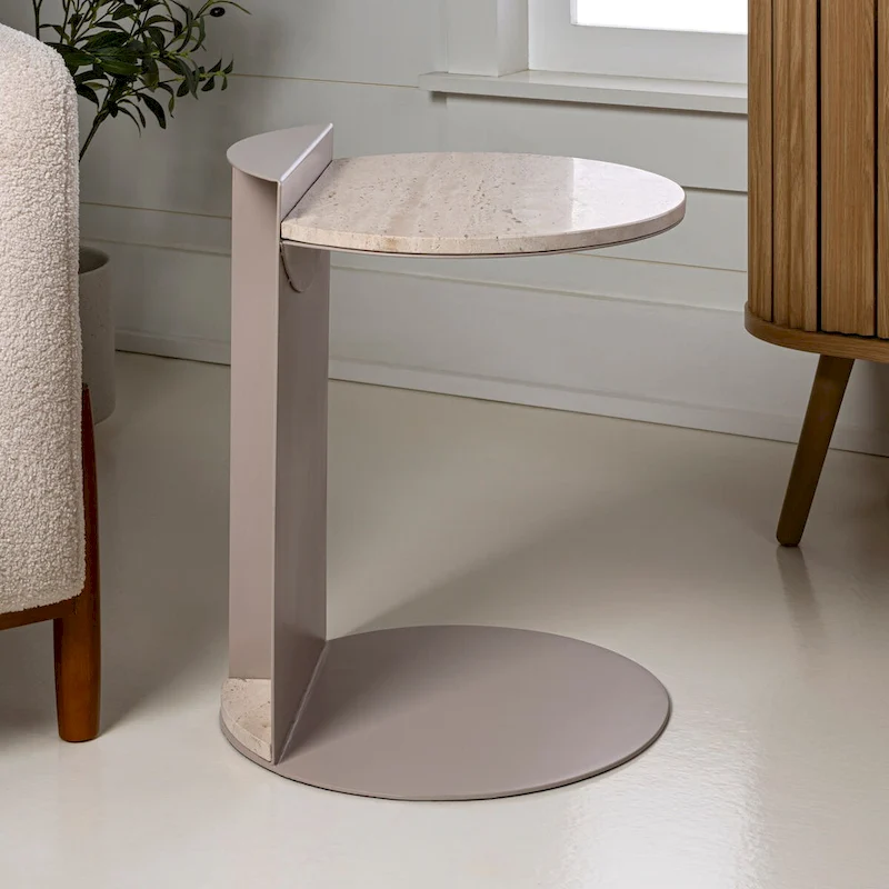 Javier 20 Contemporary Natural Marble/Metal Handmade C-Shaped End Table, Beige/Pink Beige, by JONATHAN Y.