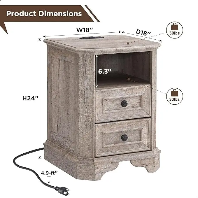 18 Farmhouse Nightstand with Charging Station, End Table,Side Table