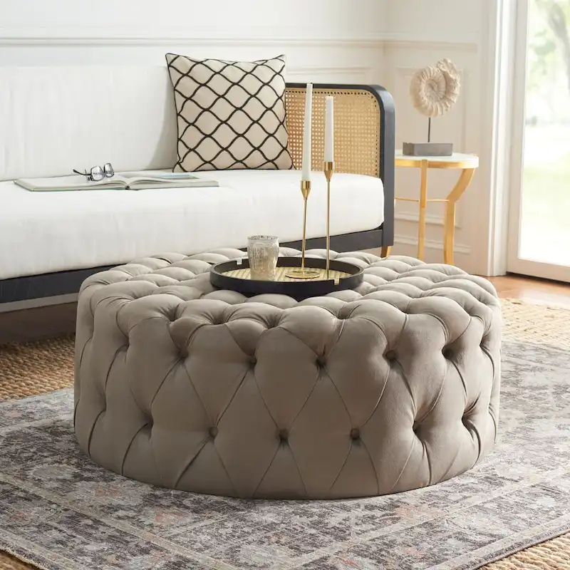 Round Button-Tufted Linen Ottoman – Mushroom / Grey / Antique Gold / Wheat / Bordeaux / Navy / Taupe, Single