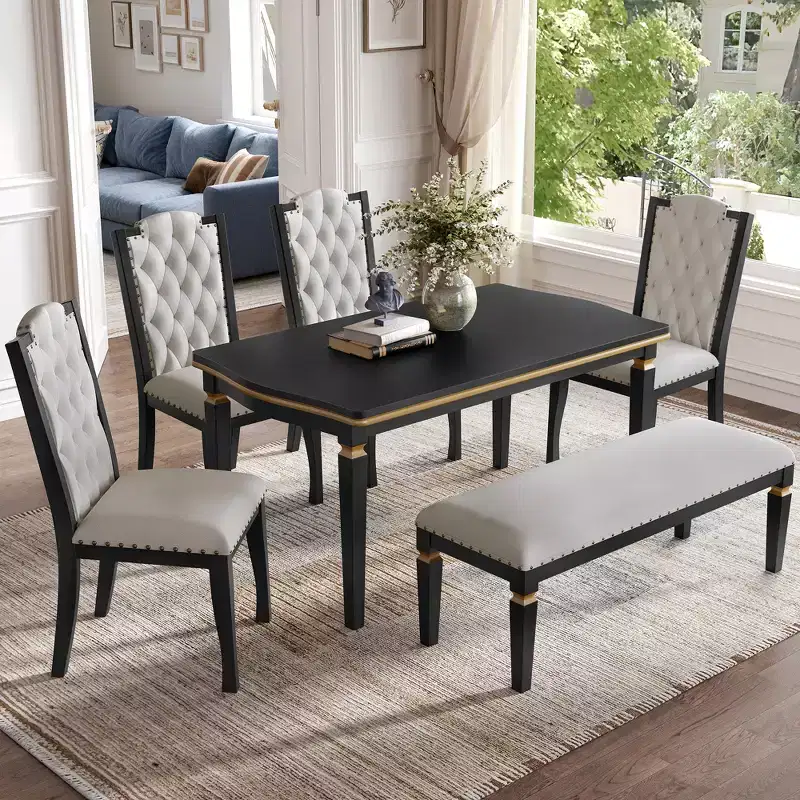 GDFStudio Mathis 6-Piece Dining Table Set with 60 Rectangular Table and 4 High-Back Tufted Chairs & 1 Bench