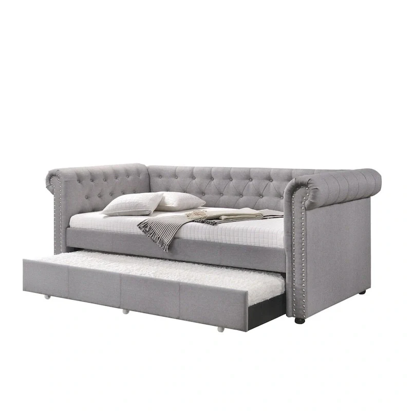 Twin Size Daybed with Attached Trundle and Nailhead Trims,Gray