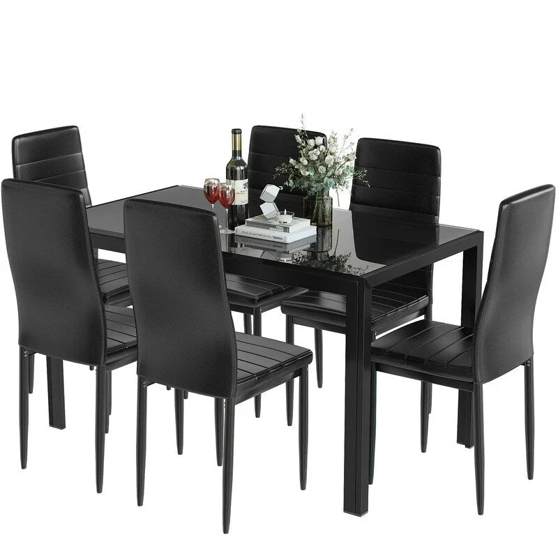Grondin Modern Style 7-Piece Dining Room Table Set with Tempered Glass Tabletop and 6 PU Leather Upholstered Chairs