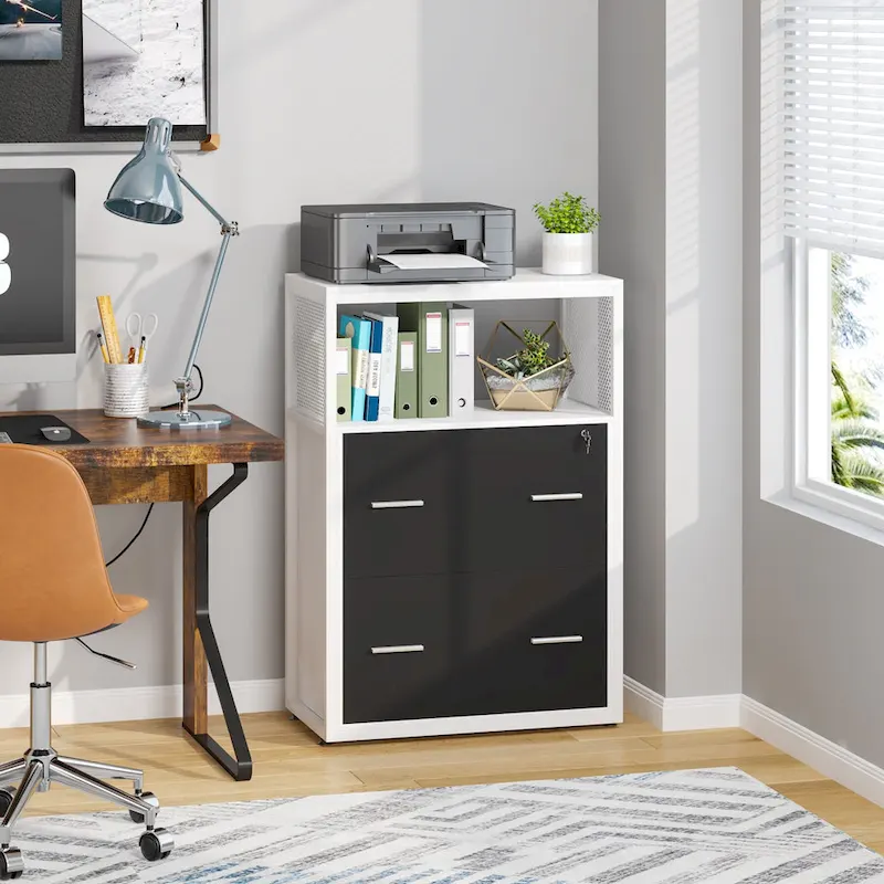 Walnut Black 2-Drawer Lateral File Cabinet with Open Shelves