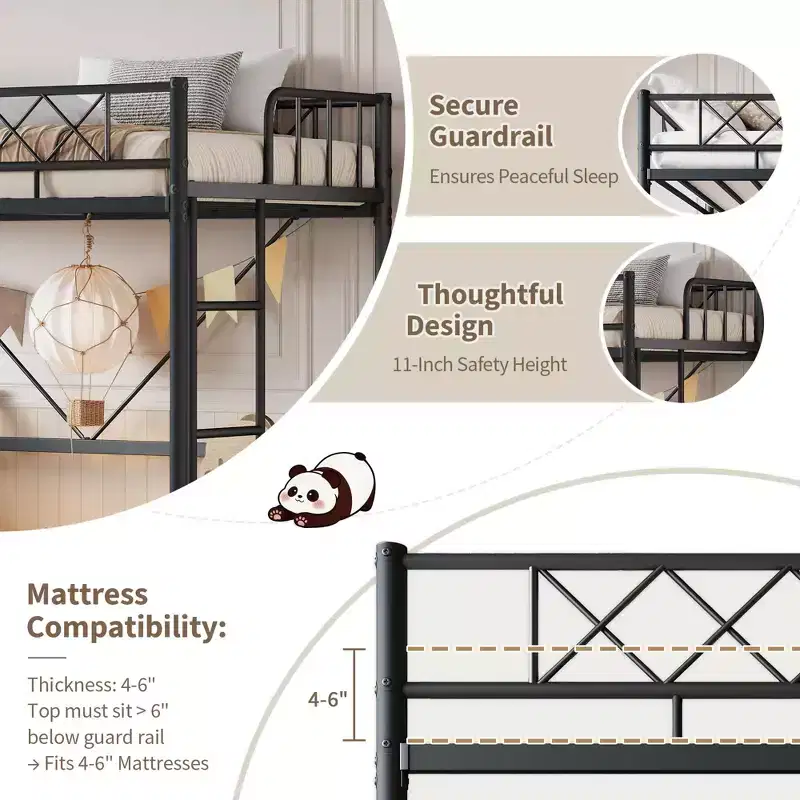Twin Over Full Heavy Duty Metal Bunk Bed, Sturdy Quiet Construction with Ladder & Guardrails, Space-Saving Design, No Box Spring Required