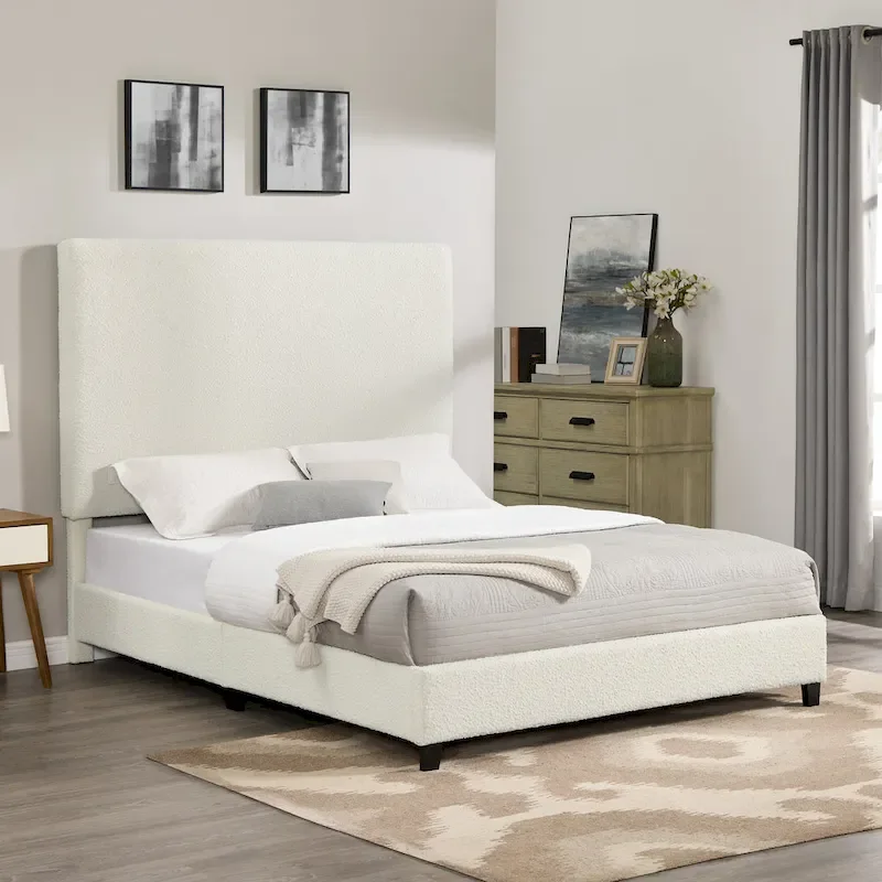 Tall White Boucle Panel Headboard Upholstered Platform Bed — LVL & CNC Plywood Frame