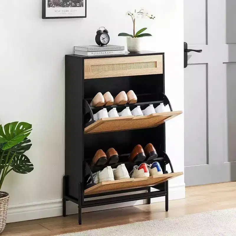 GustoWave 3-Tier Slim Rattan Shoe Storage Cabinet for Entryway Hallway Porch