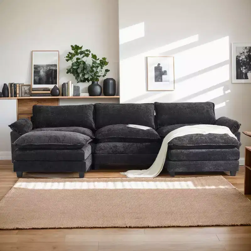 Karl Home |120 in. W Pillow Top Arm Double-layer Cushion Chenille Sofa in Blue With Ottoman