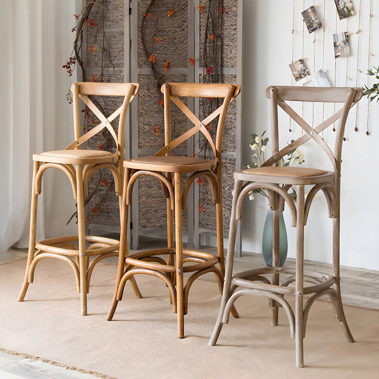 Rustic Solid Wood Wicker Cross Back Bar Stool in Brown/ Grey