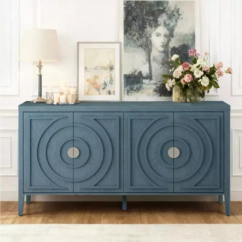 Hostack Buffet Cabinet Sideboard with Circular Groove Doors & Round Handles for Dining and Living Room, Antique Blue