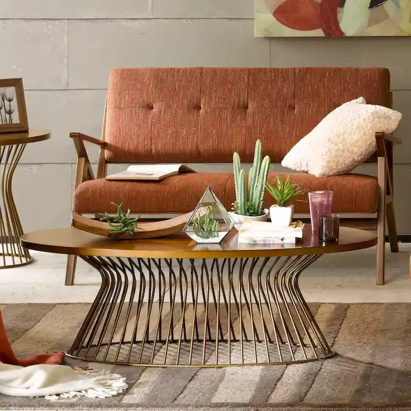 Mid-Century Modern Oval Coffee Table – Golden Bronze Top & Antique Bronze Wire Frame