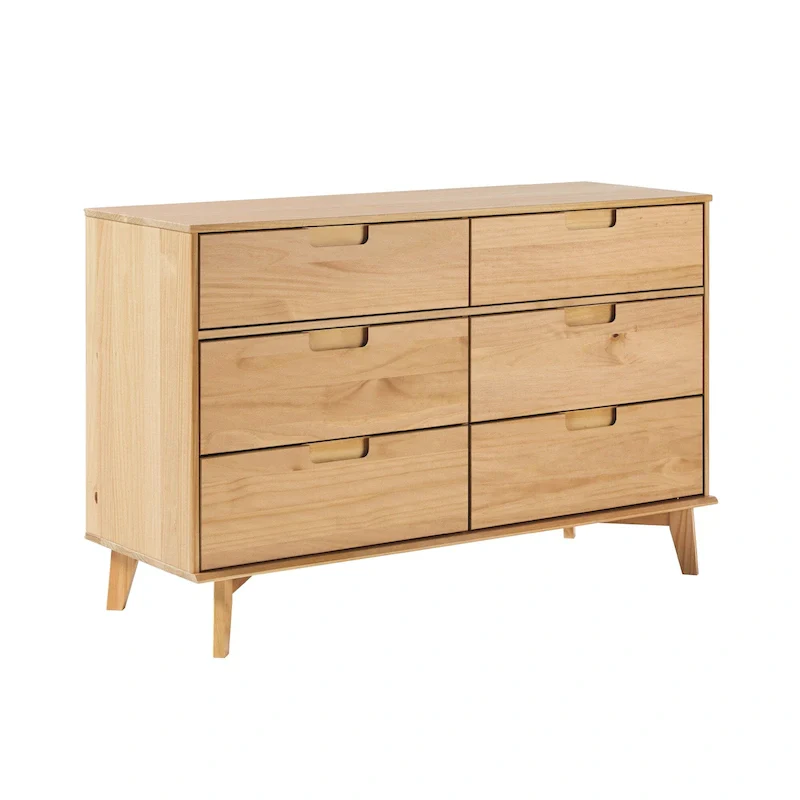 Mid-Century Modern Solid Pine 6-Drawer Dresser with Cut-Out Handles, 52
