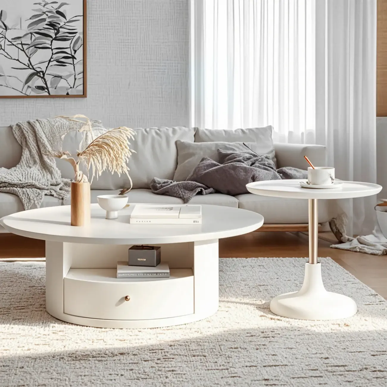 White Round Modern Wood Coffee Table with Storage