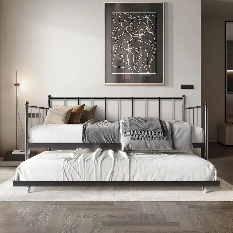 Twin Metal Daybed with Trundle – Brown / Black / White, Sleeps 2