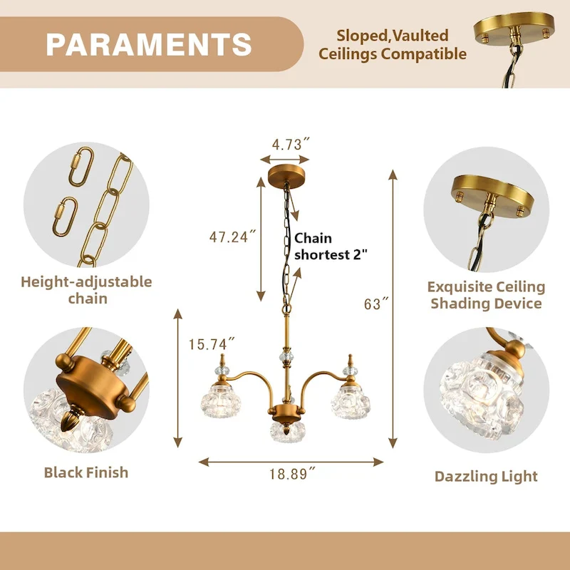 Modern 3-Light Pendant Lights with Crystal Glass Shade