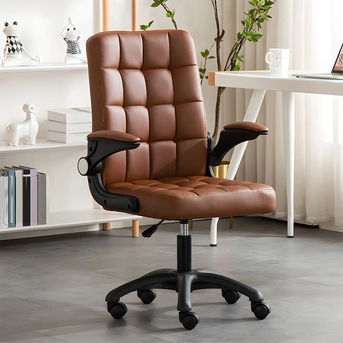 Tufted Brown Faux Leather Adjustable Swivel Office Chair