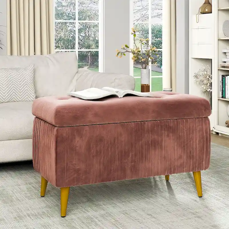 Tufted Storage Ottoman Bench - Dusty Rose Pink, Light Pink - Velvet