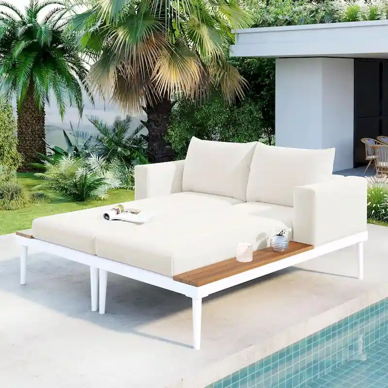 Modern Outdoor Metal Daybed with Wood Topped Side Spaces, 2-in-1 Padded Chaise Lounges