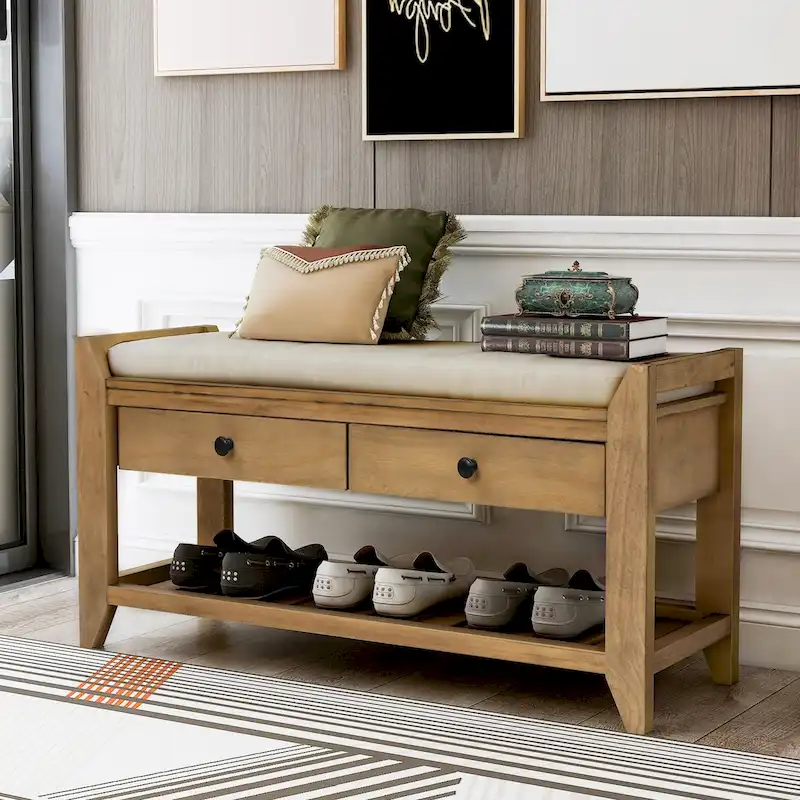 Old Pine/Antique Navy Pine & MDF Entryway Storage Bench with Cushion, 2 Drawers & Grid Shoe Rack