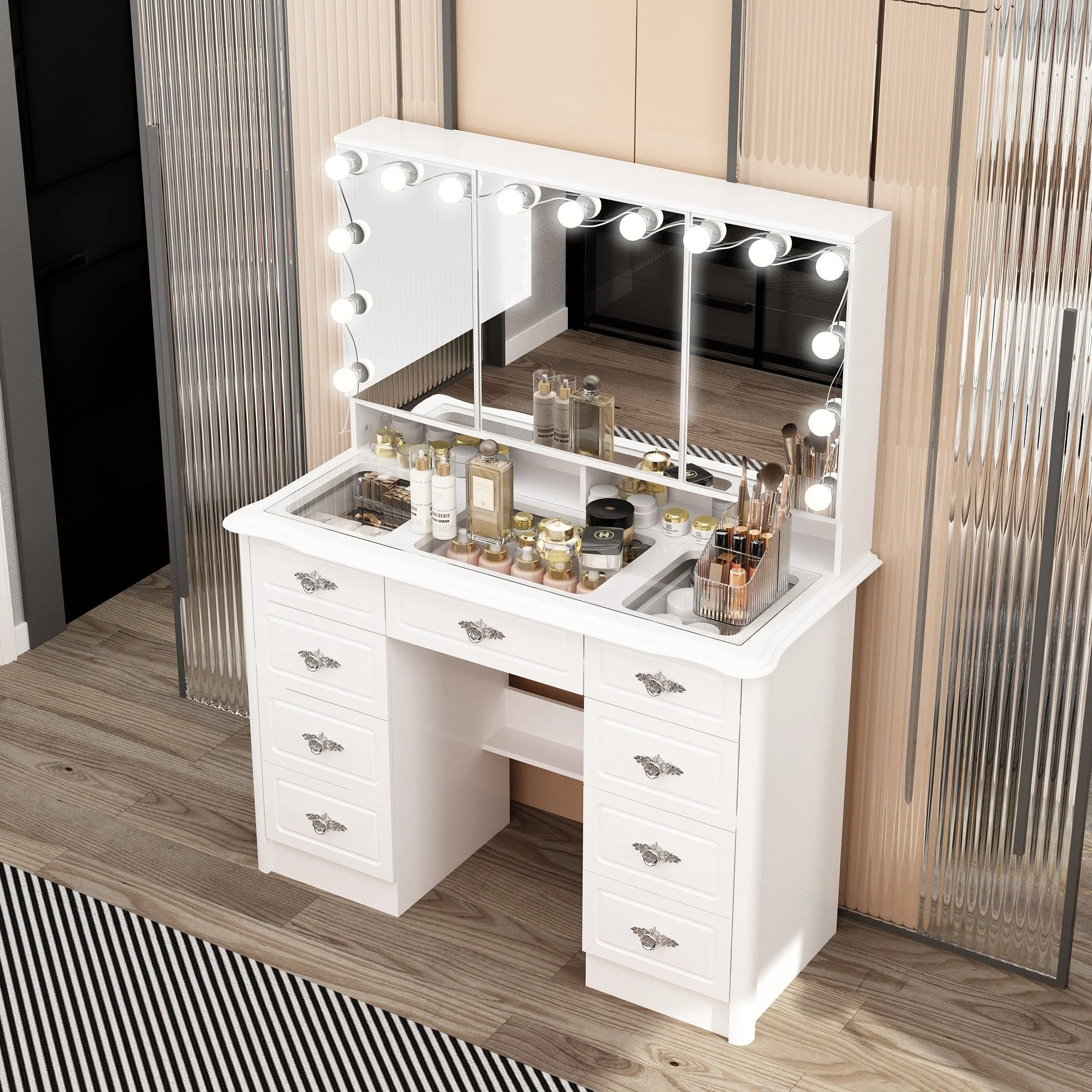 Modern White Makeup Vanity Fold Mirror Adjustable Lighting Dressing - 40.2x54.1