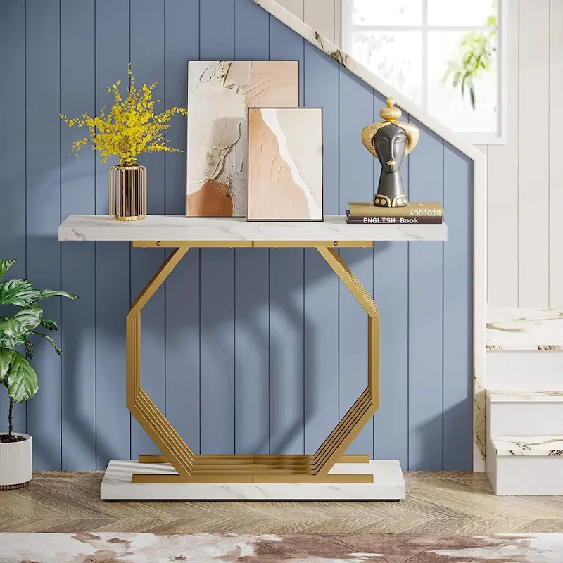 Gold Console Table, Faux Marble Entryway Table Narrow Sofa Table with Geometric Metal Base, 40 Inch Modern Accent Table
