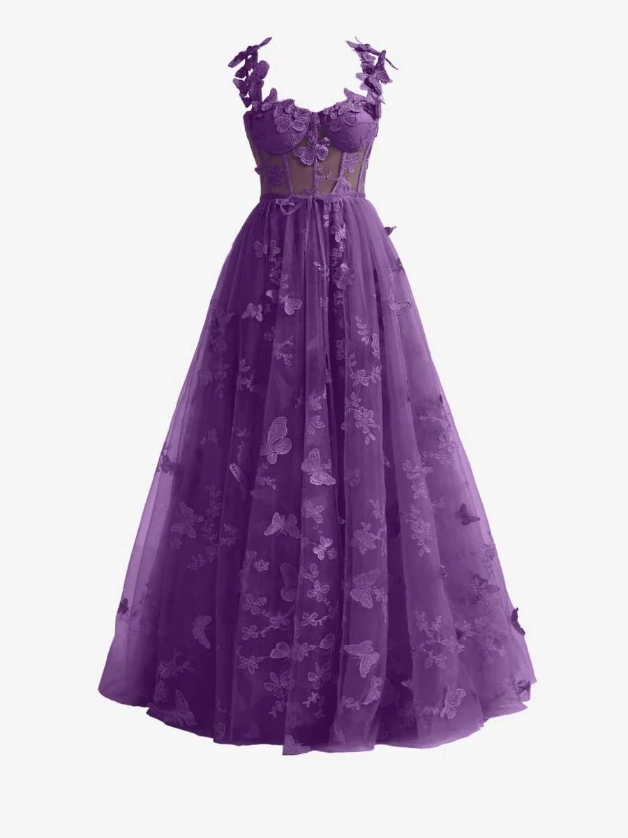 Purple A-line Butterfly Lace Lilac Corset Prom Dress with Slit