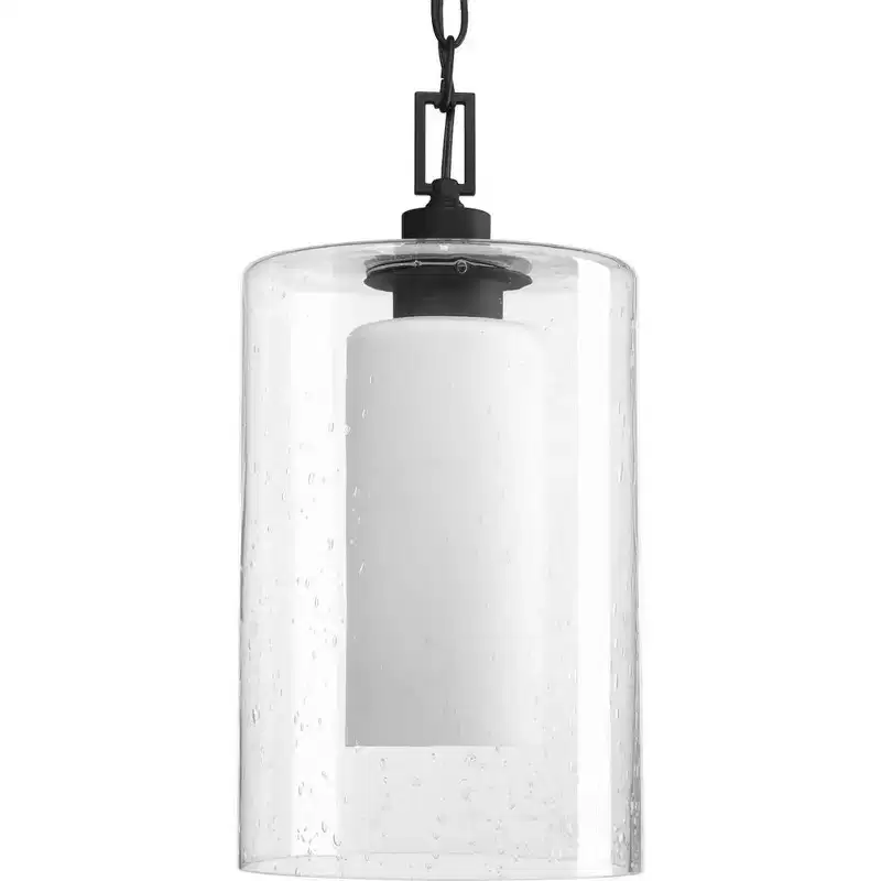 Progress Lighting Compel 1-Light Outdoor Hanging Lantern, Black Finish, Seeded Glass Shade