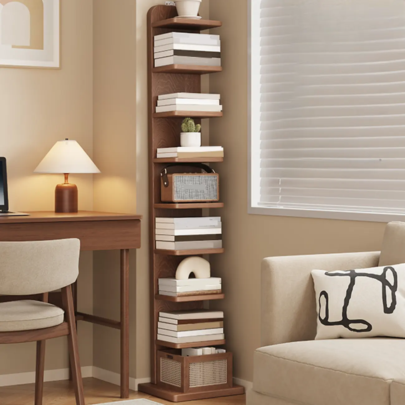Narrow Wooden Multi-Shelf Closed Back Ladder Bookshelf