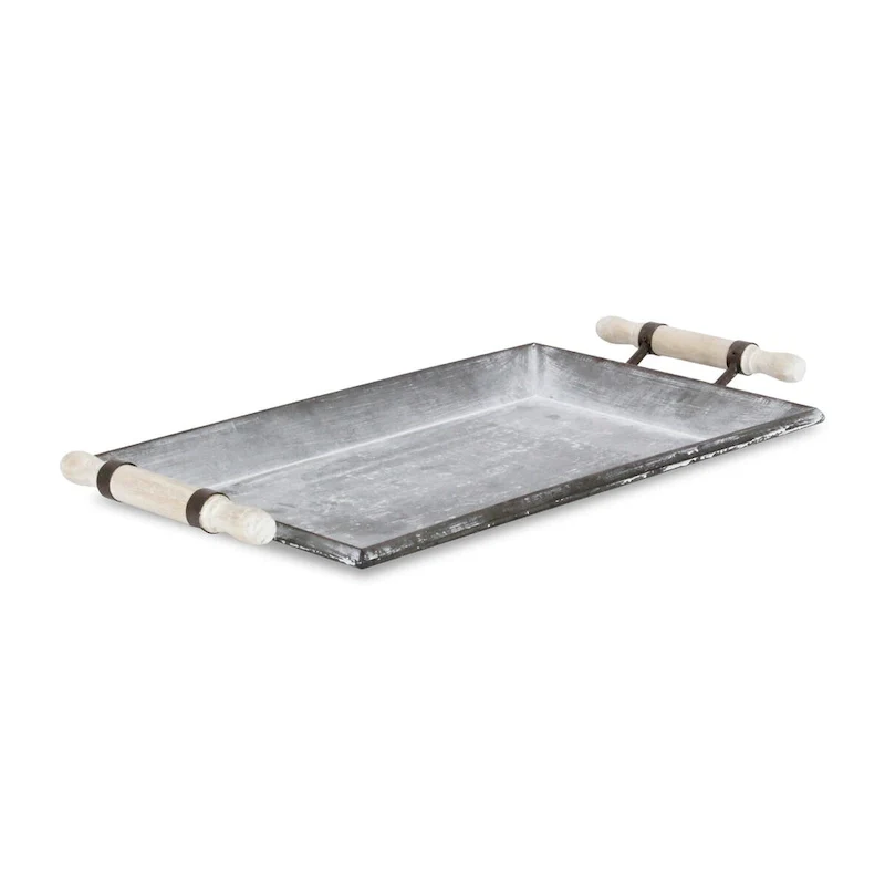 Gray Metal Galvanized Tray With Rolling Pin Handles