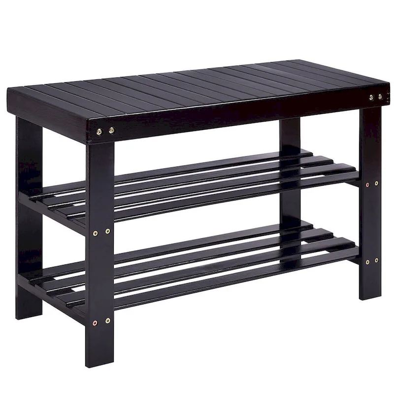 2-Tier Bamboo Shoe Bench – Natural / Black / White, Seats 1