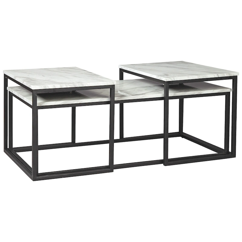3 Piece Occasional Table, Metal Frame, Marble Top, White and Black