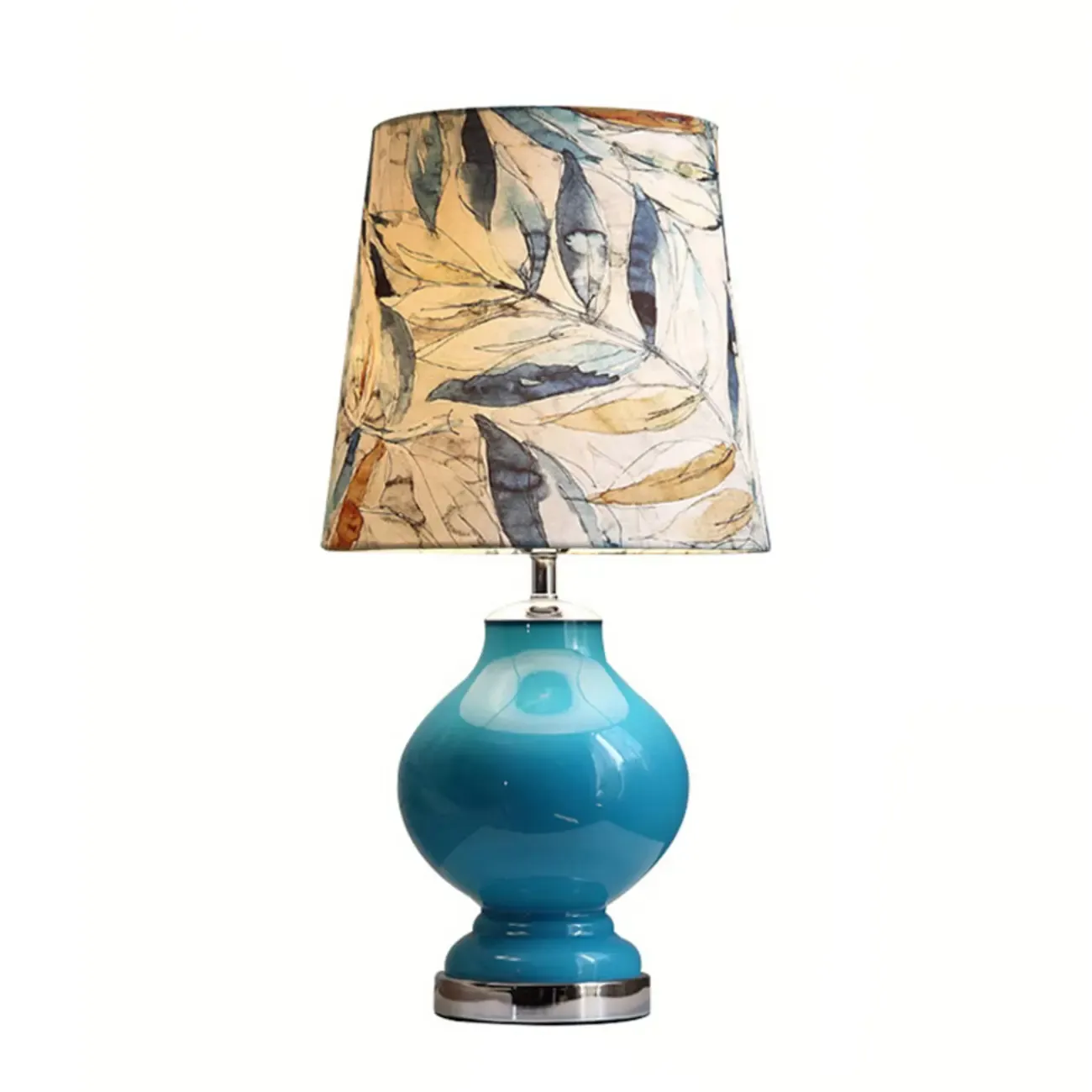 Blue Glass Table Lamp with Leaf Fabric Shade