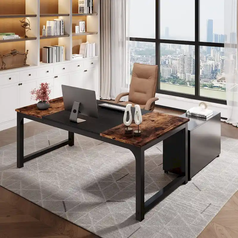 63 L-Shaped Executive Desk with 40 File Drawer Cabinet