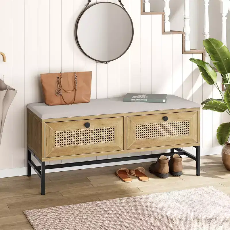 Garvee Rattan Shoe Bench Entryway Bench with Storage Drawer, Wooden Storage Bench with Linen Seat Cushion, for Hallway and Bedroom, Natural Oak