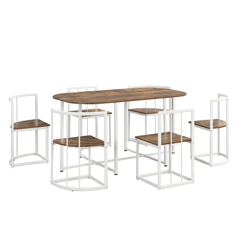 Modern 7-Piece Metal Frame Dining Table Set with Half-Round Table & 6 Chairs