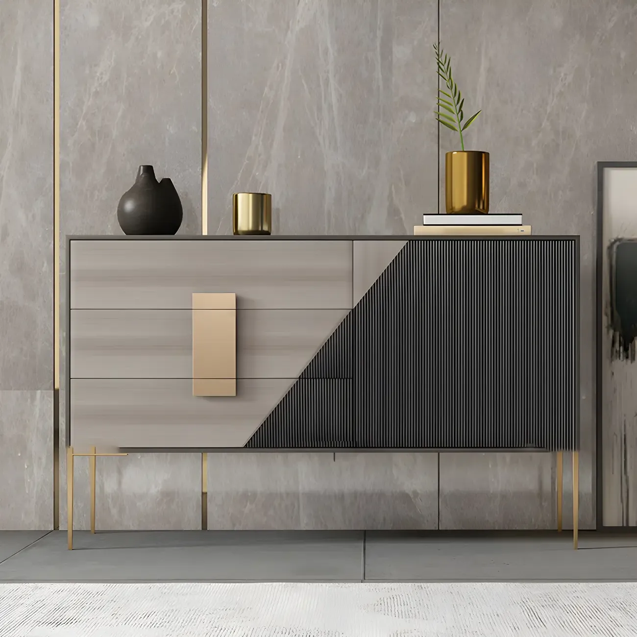 Sleek Black-Gray Wood and Metal Soft-Close Drawers Dresser