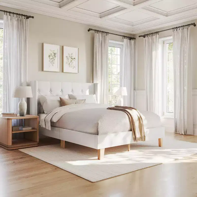 Martha Stewart Carmy Upholstered Platform Bed with Tufted Wingback Headboard and Cushioned Siderails, Wood Slat Foundation, No Box Spring Needed