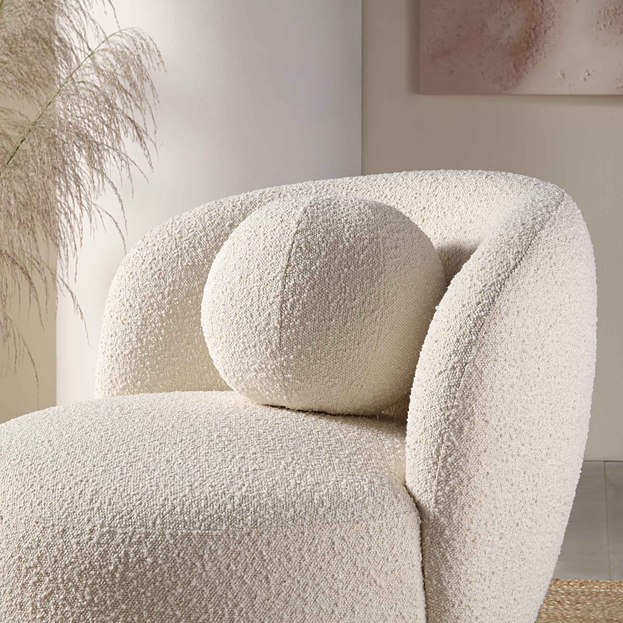Armchair with Ball Cushion, Ecru Boucle